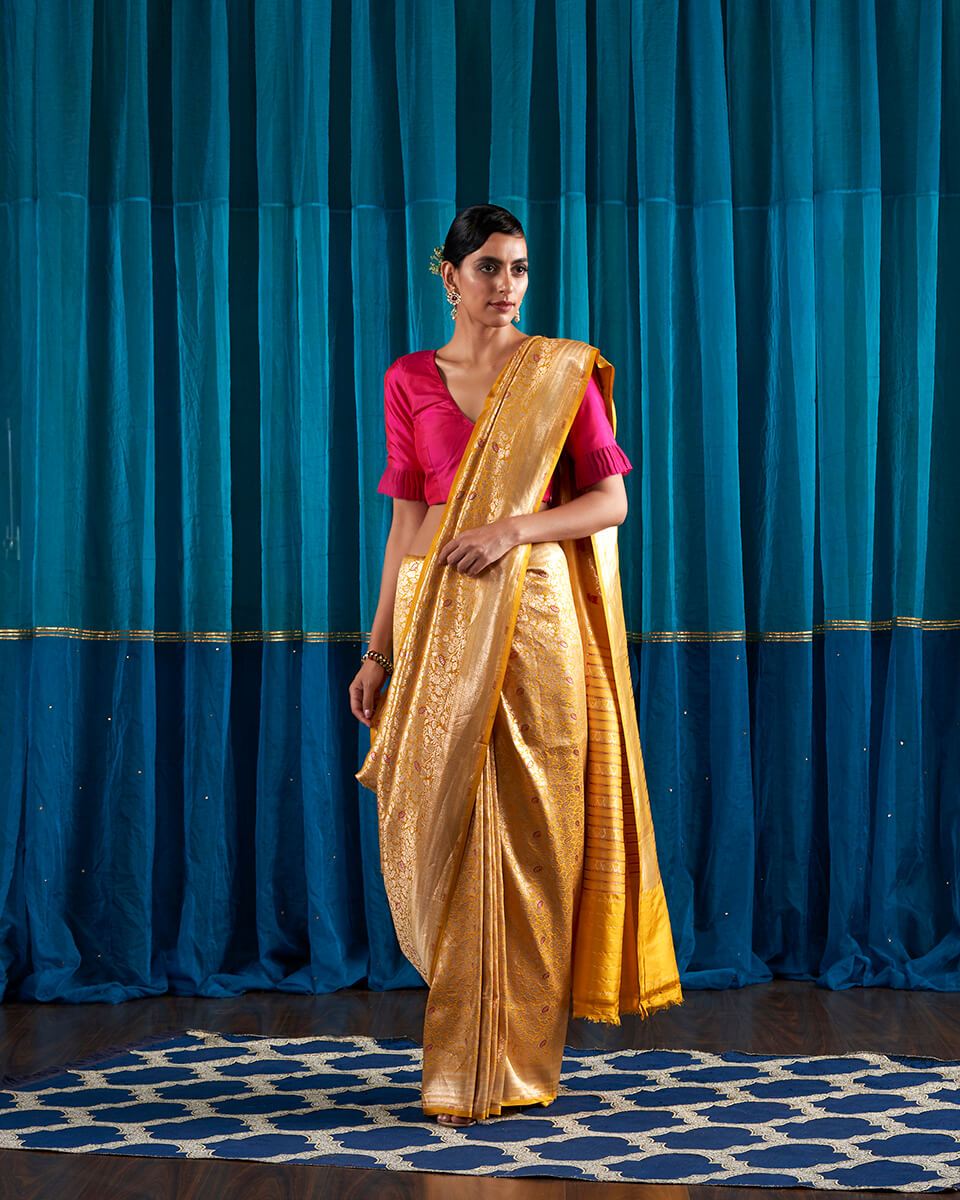 Handloom_Mustard_Kimkhab_Saree_With_Red_Meenakari_WeaverStory_02