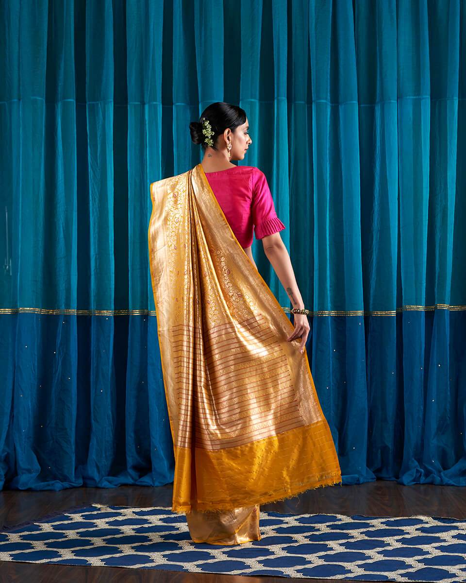 Handloom_Mustard_Kimkhab_Saree_With_Red_Meenakari_WeaverStory_03