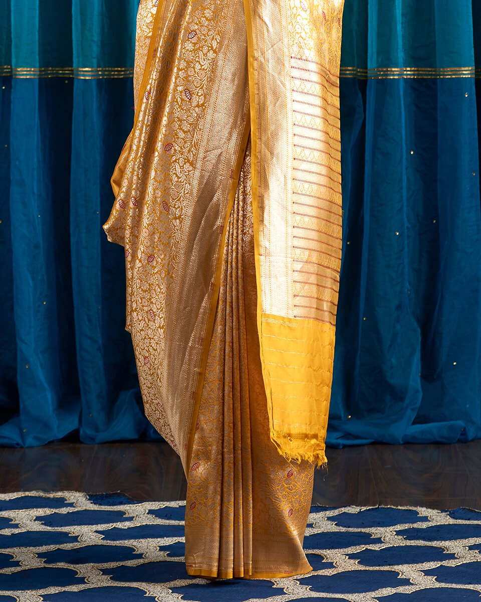 Handloom_Mustard_Kimkhab_Saree_With_Red_Meenakari_WeaverStory_04