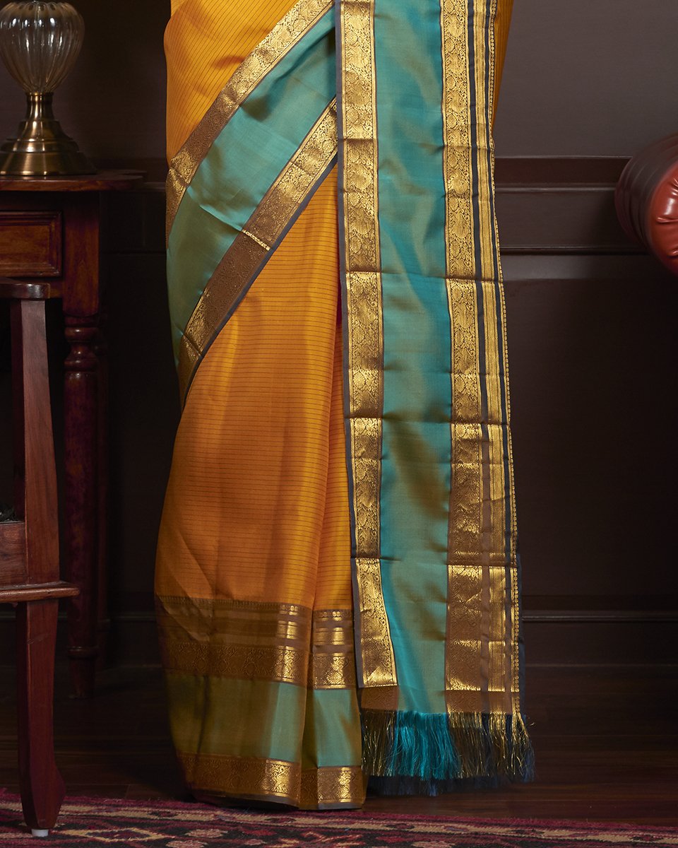 Handloom_Mustard_Striped_Kanjivaram_Silk_Saree_With_Grey_And_Green_Border_WeaverStory_04
