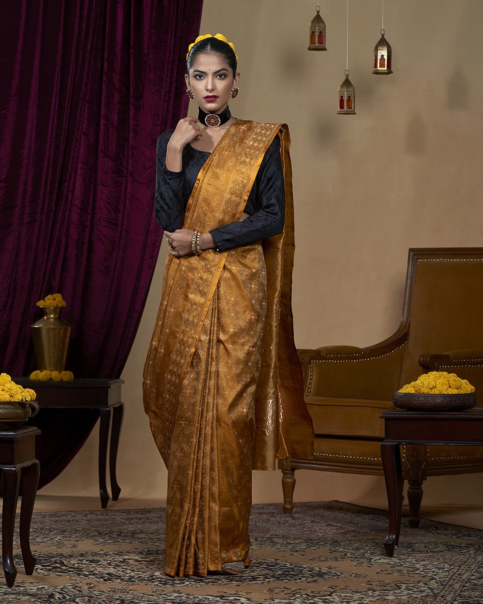 Handloom_Mustard_Zari_Booti_Reshmi_Tanchoi_Pure_Katan_Silk_Banarasi_Saree_With_Meenakari_WeaverStory_02