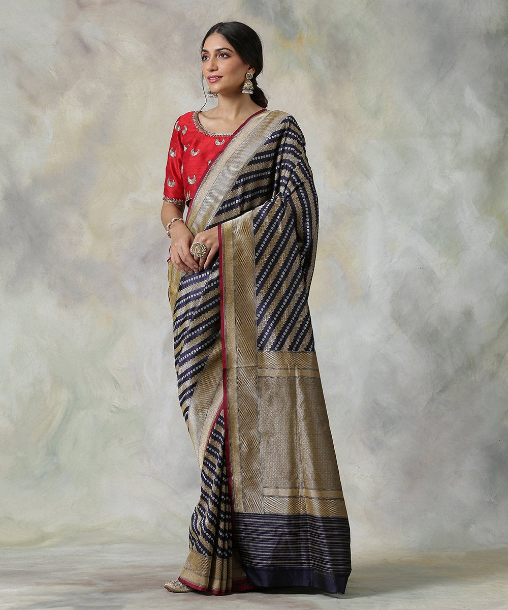 Handloom_Navy_Blue_Banarasi_Saree_with_Jamdani_Weave_and_Aada_Bel_WeaverStory_02