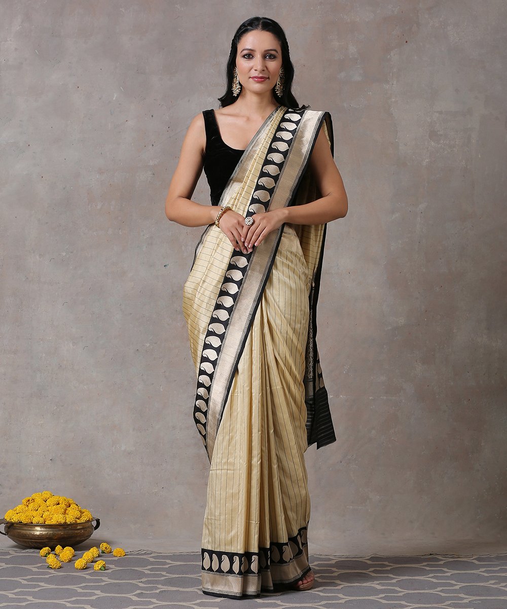 Handloom Offwhite And Black Pure Katan Silk Banarasi Saree with