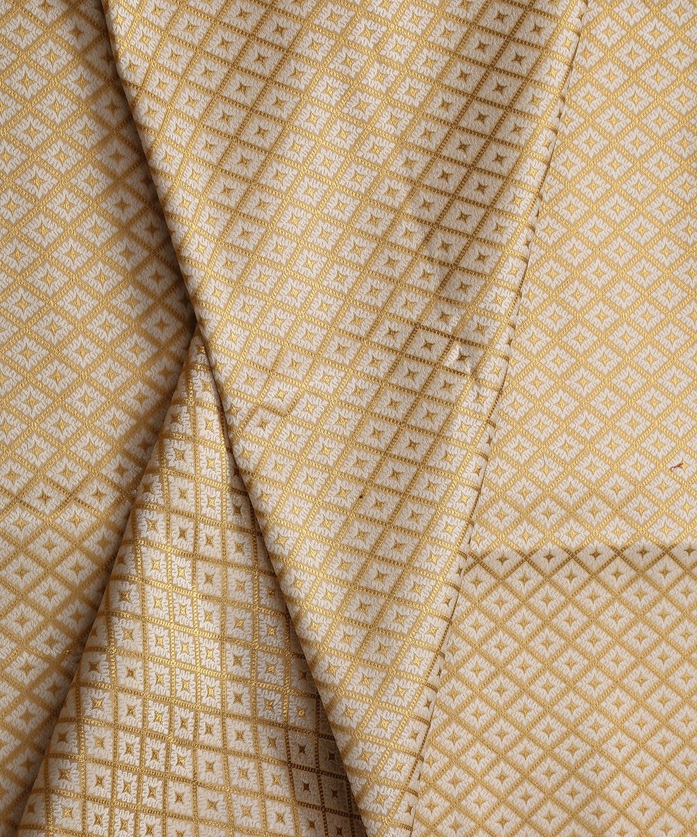 Handloom_Offwhite_and_Gold_Satin_Brocade_Banarasi_Fabric_with_Big_Checks_WeaverStory_04