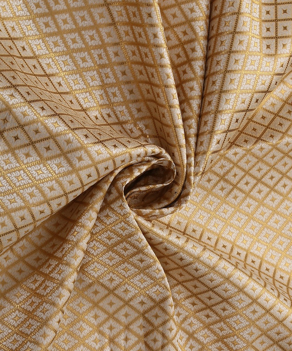 Handloom_Offwhite_and_Gold_Satin_Brocade_Banarasi_Fabric_with_Big_Checks_WeaverStory_05
