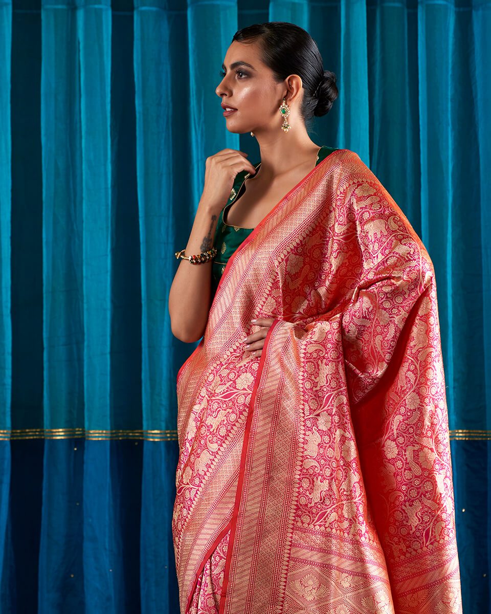 Handloom_Pink_and_Orange_Kimkhab_Shikargah_Banarasi_Saree._WeaverStory_01