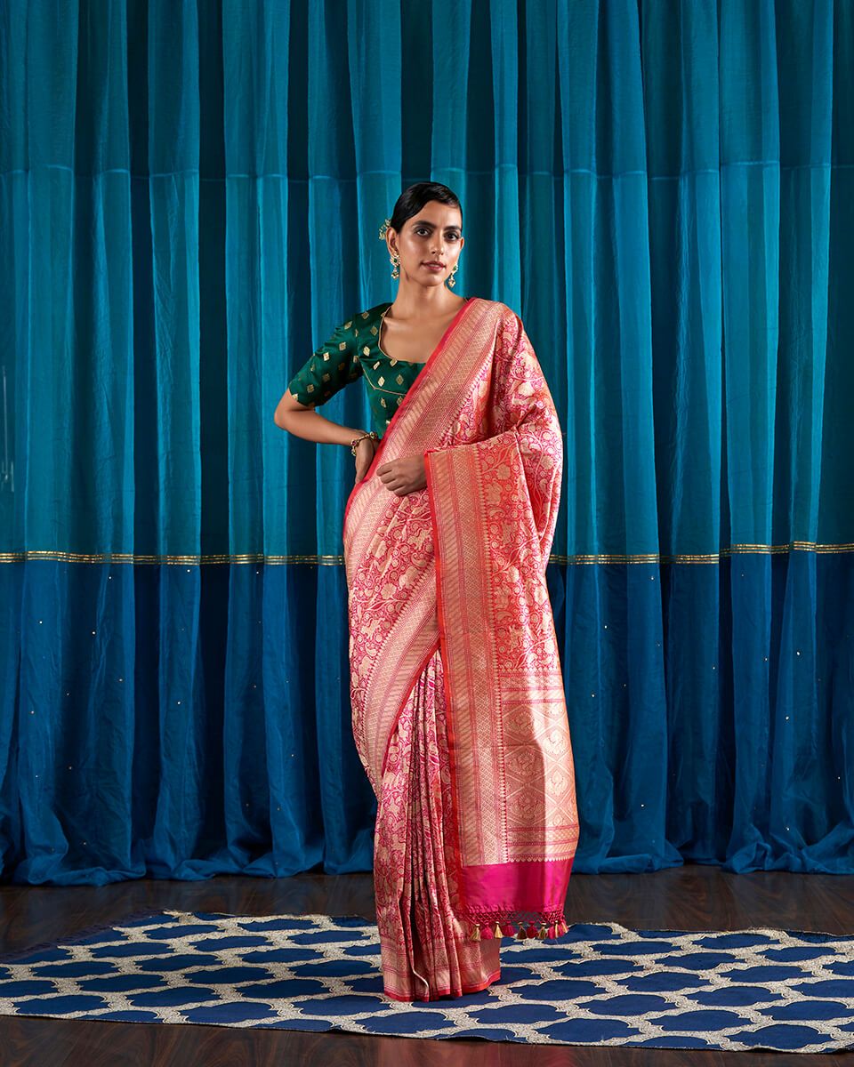 Handloom_Pink_and_Orange_Kimkhab_Shikargah_Banarasi_Saree._WeaverStory_02
