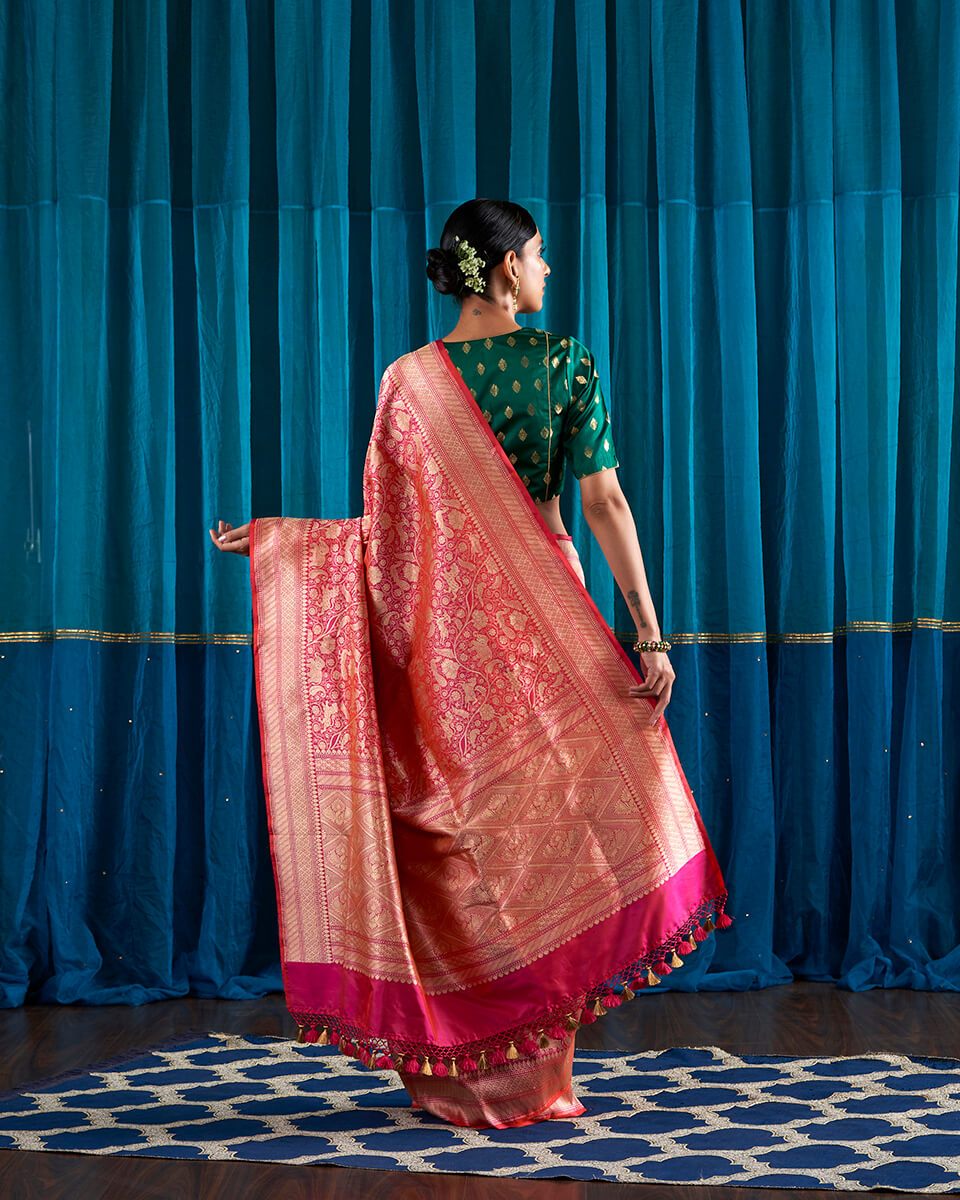 Handloom_Pink_and_Orange_Kimkhab_Shikargah_Banarasi_Saree._WeaverStory_03