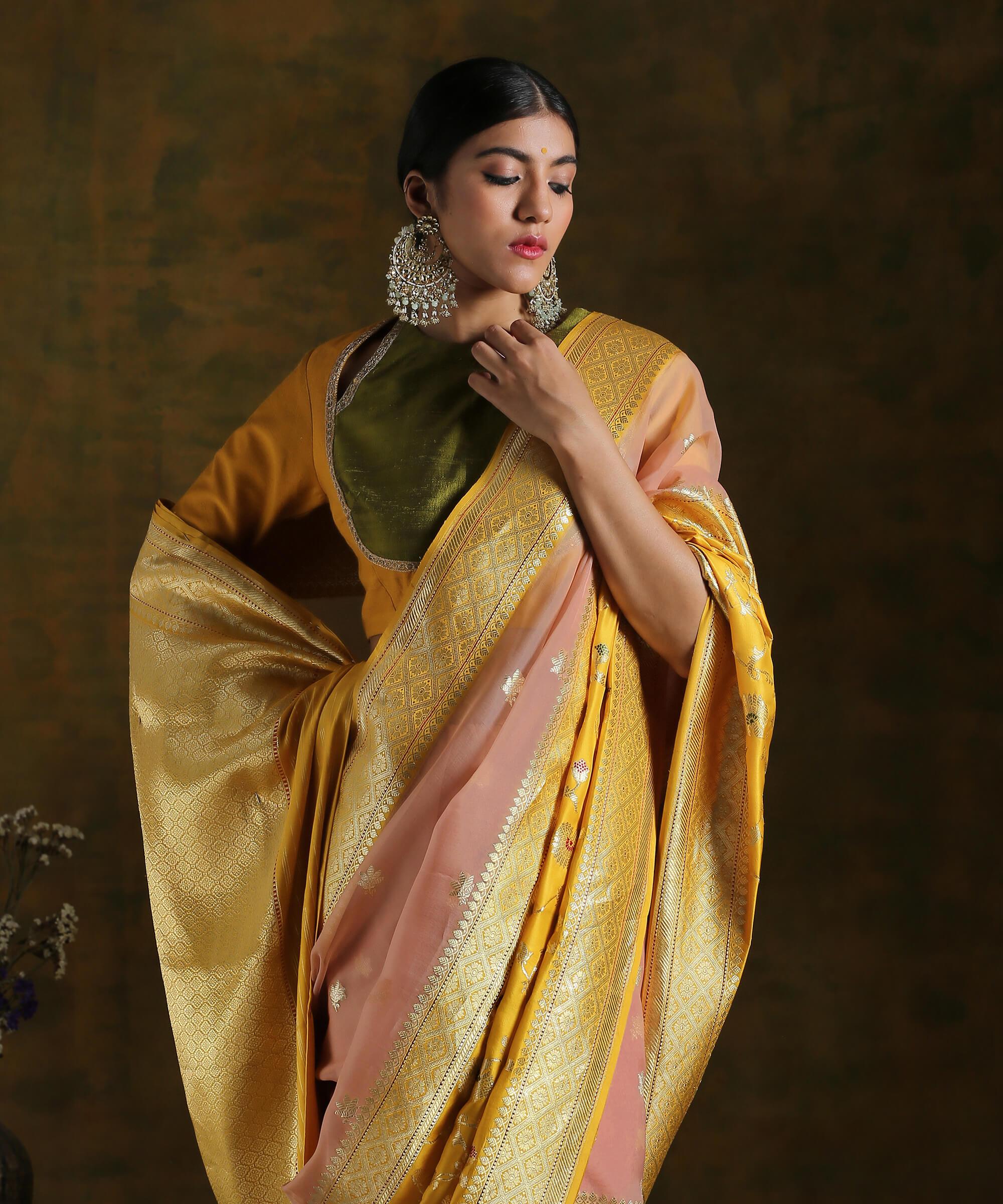 Peach_and_Mustard_Yellow_Kora_Silk_Saree_with_a_Kadhiyal_Border_in_fine_Katan_Silk_WeaverStory_01