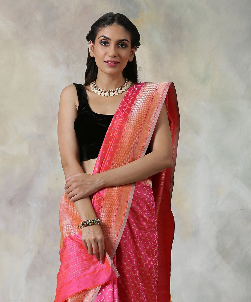 Handloom_Pink_and_Orange_Pure_Katan_Silk_Banarasi_Saree_with_Cutwork_Jamdani_Weave_WeaverStory_01