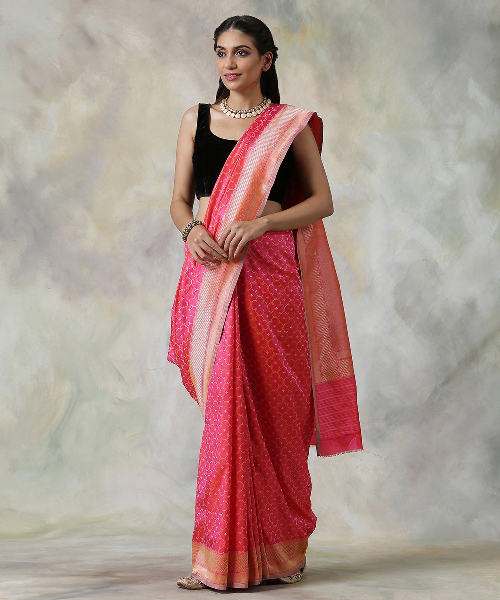Handloom_Pink_and_Orange_Pure_Katan_Silk_Banarasi_Saree_with_Cutwork_Jamdani_Weave_WeaverStory_02