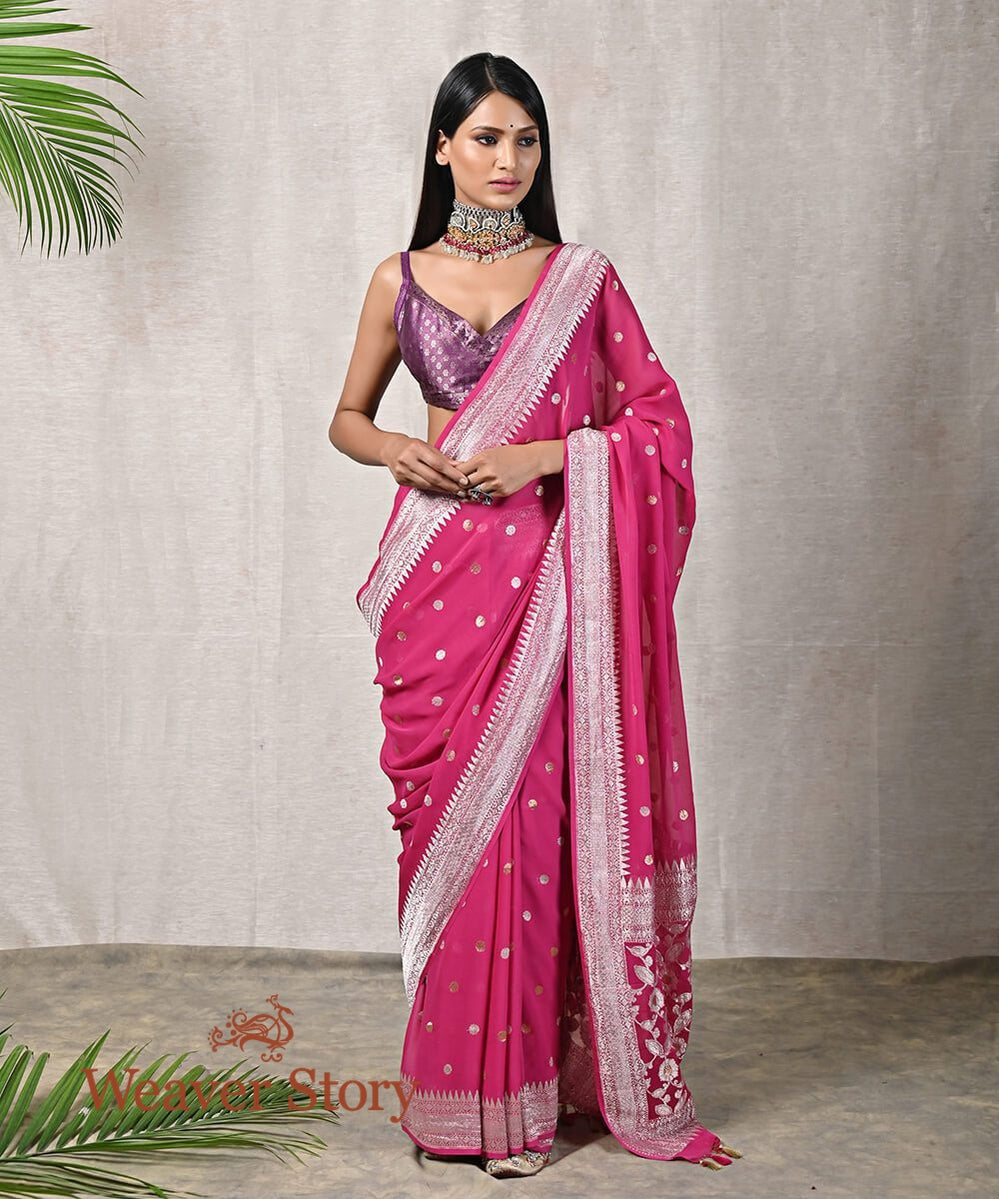 Handloom_Pink_Bootidar_Banarasi_Georgette_Saree_with_Silver_Zari_WeaverStory_02