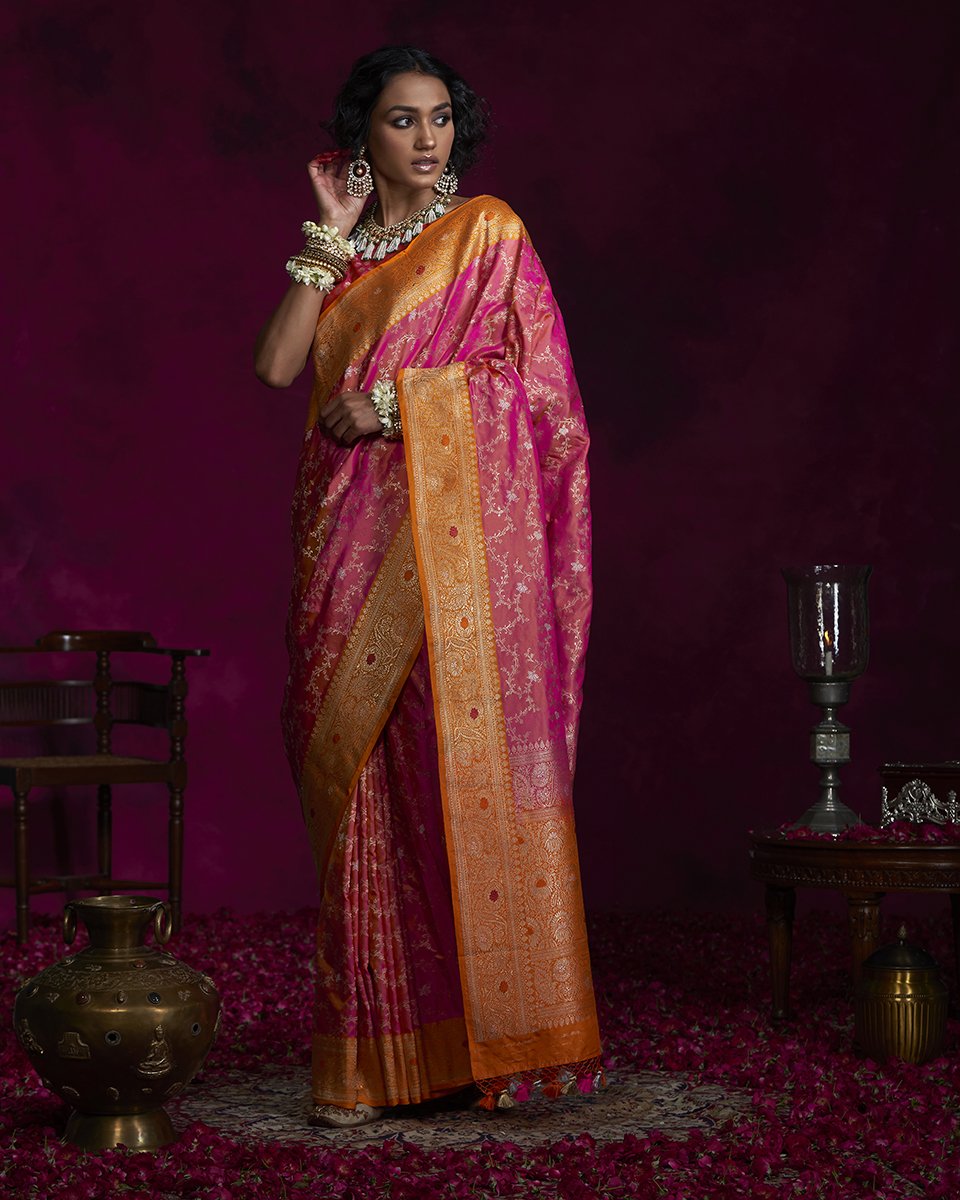 Handloom_Pink_Banarasi_Saree_with_Maheen_Jaal_and_Orange_Border_WeaverStory_02