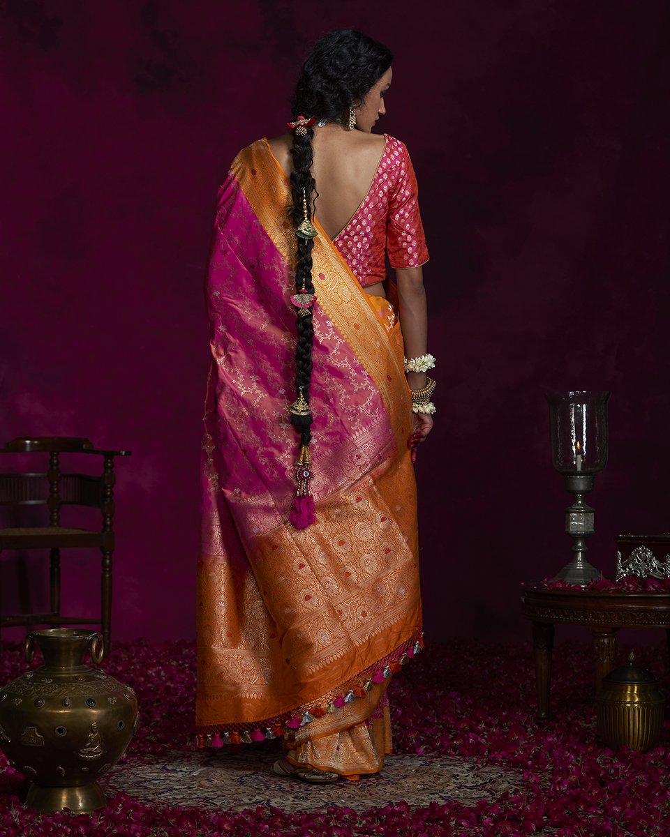 Handloom_Pink_Banarasi_Saree_with_Maheen_Jaal_and_Orange_Border_WeaverStory_03