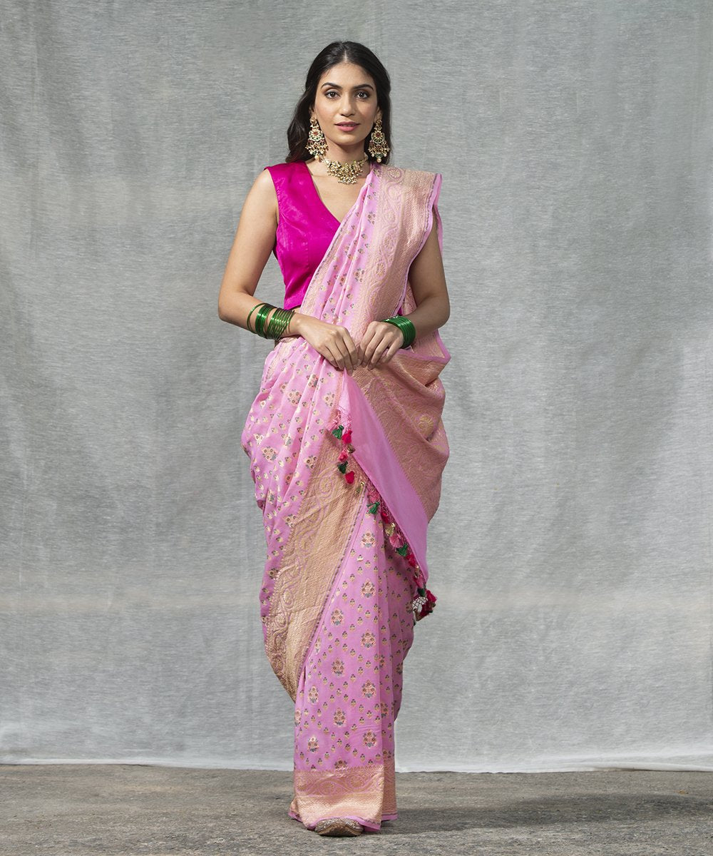 Handloom_Pink_Pure_Georgette_Banarasi_Saree_with_Meenkari_Booti_WeaverStory_02