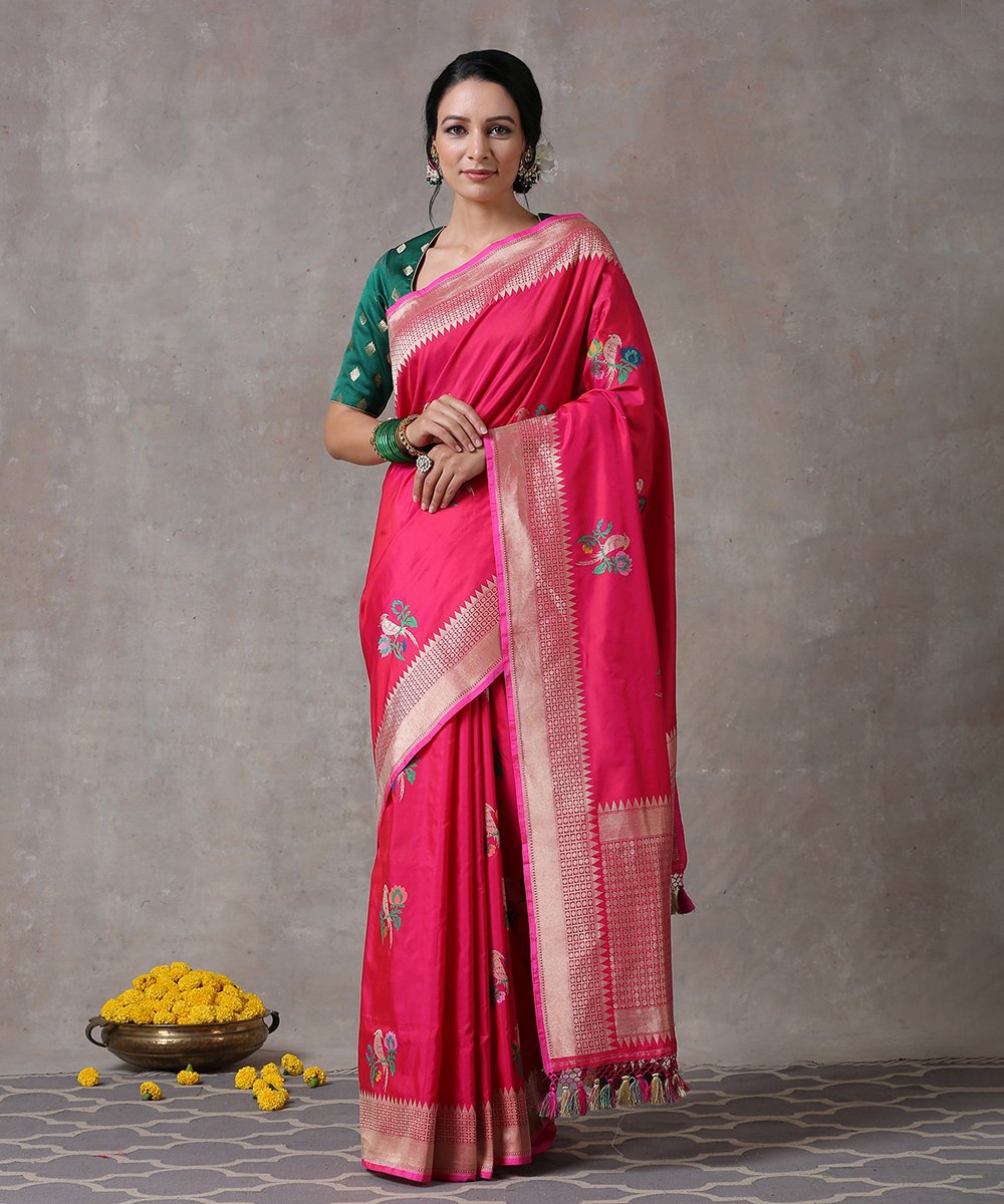 Handloom_Pink_Pure_Katan_Silk_Humming_Bird_Motif_Meenakari_Banarasi_Saree_WeaverStory_01