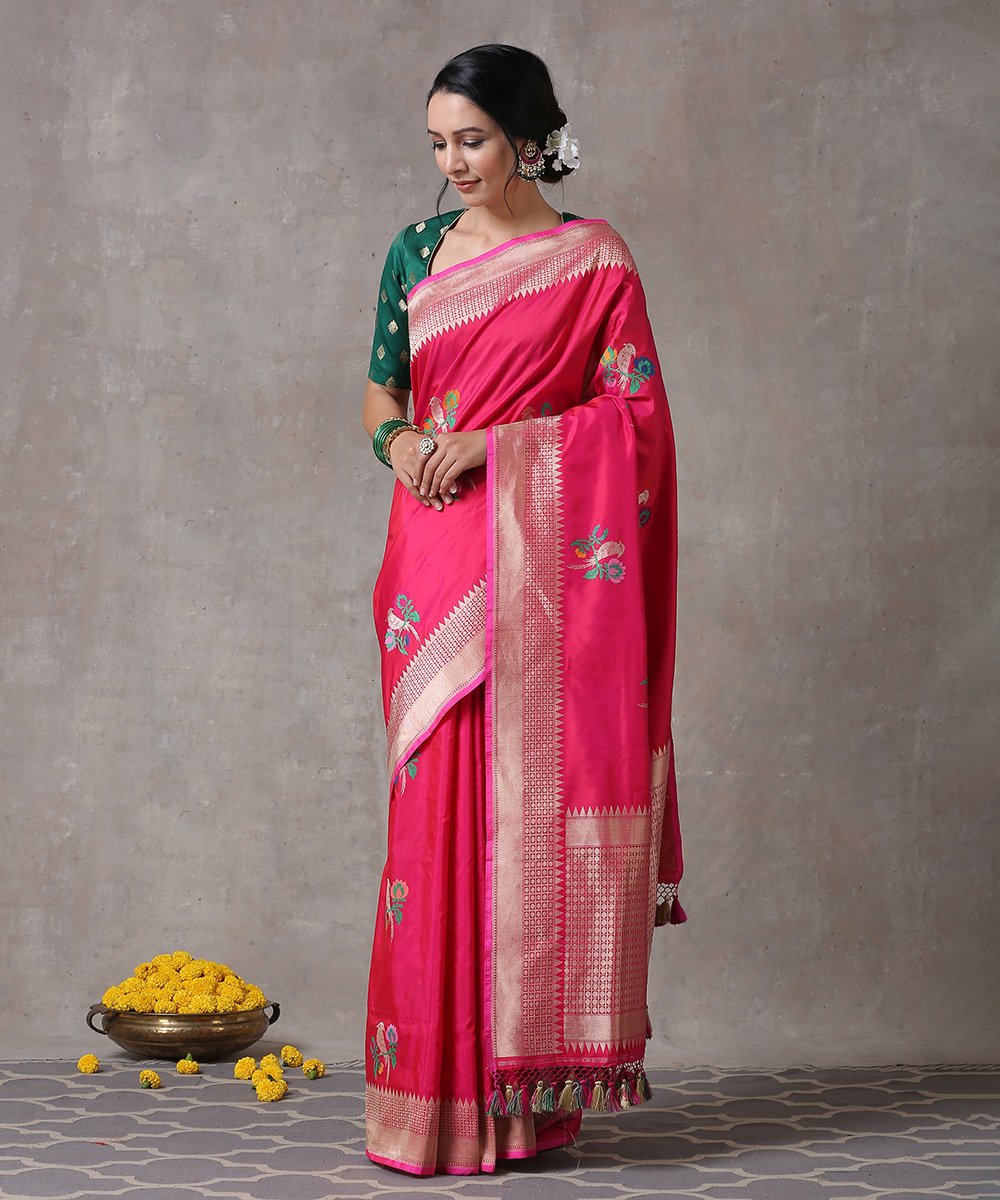 Handloom_Pink_Pure_Katan_Silk_Humming_Bird_Motif_Meenakari_Banarasi_Saree_WeaverStory_02