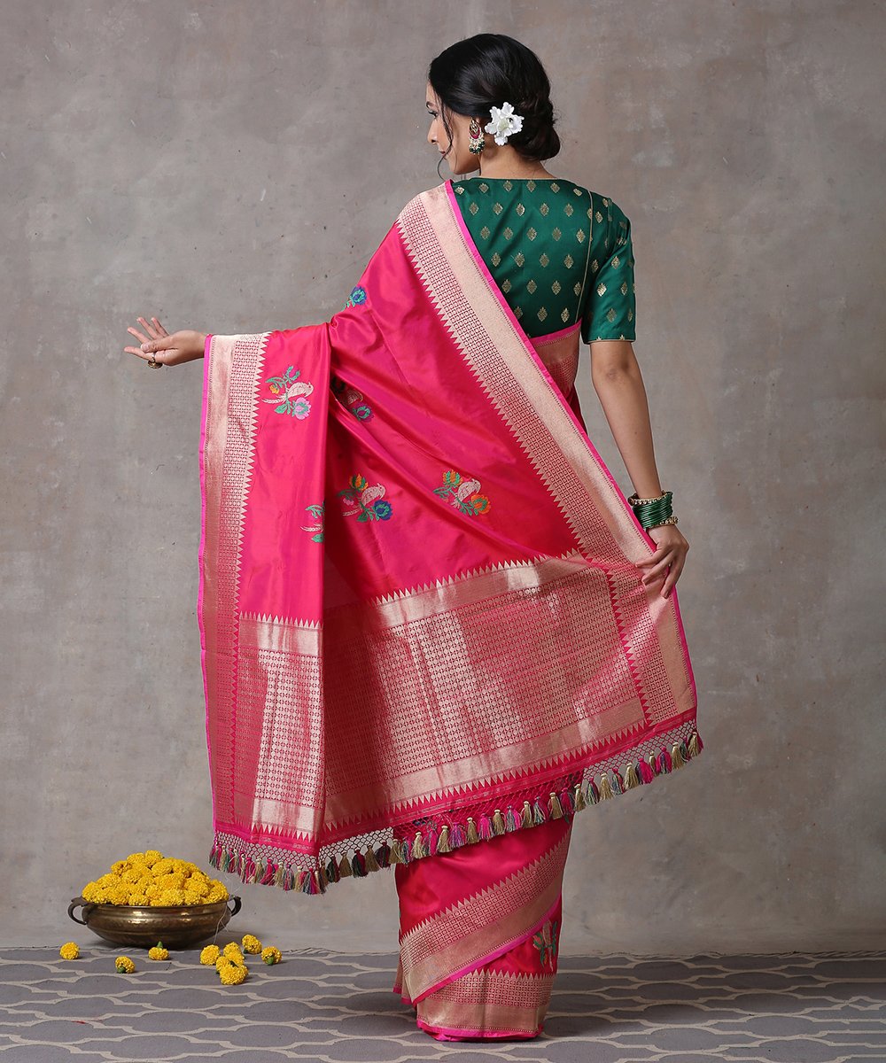 Handloom_Pink_Pure_Katan_Silk_Humming_Bird_Motif_Meenakari_Banarasi_Saree_WeaverStory_03