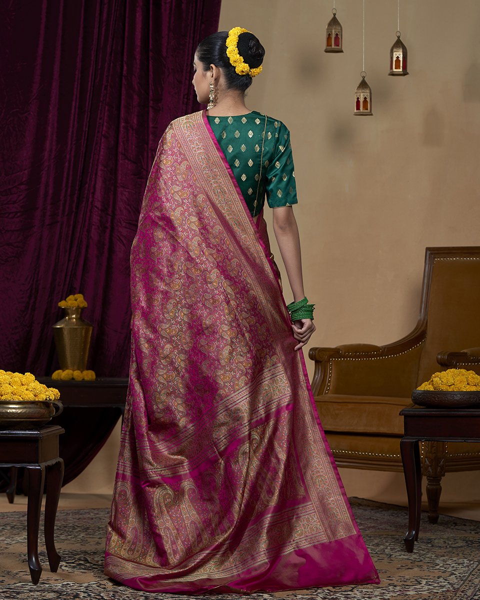 Handloom_Pink_Reshmi_Pure_Katan_Silk_Jamawar_Tanchoi_Banarasi_Saree_With_Meenakari_WeaverStory_03