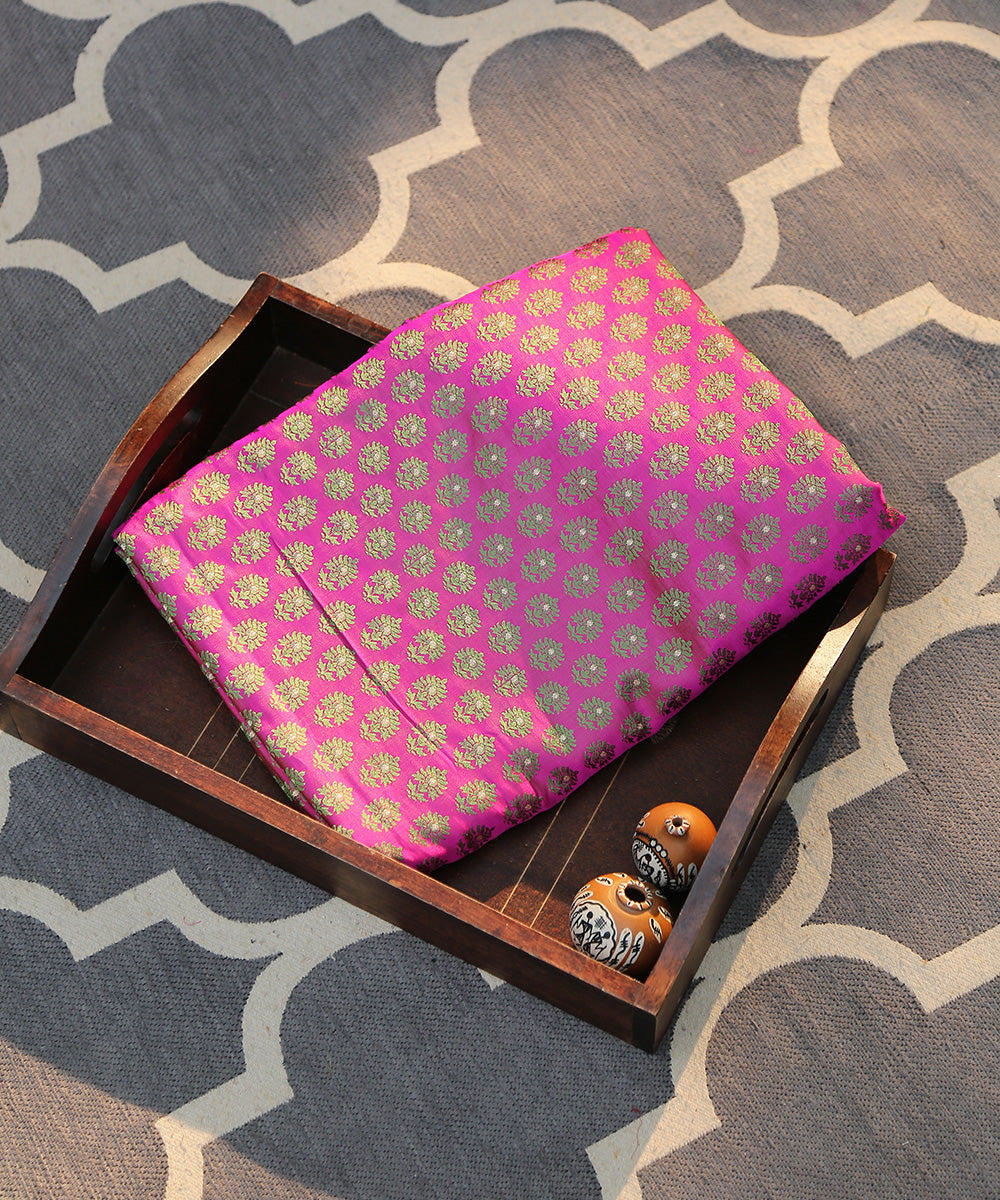 Handloom Pink And Green Dual Tone Pure Katan Silk Zari Booti Banarasi Fabric