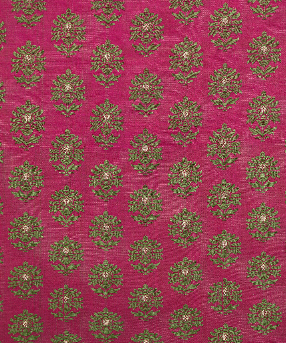 Handloom Pink And Green Dual Tone Pure Katan Silk Zari Booti Banarasi Fabric