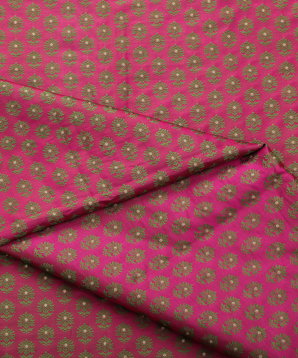 Handloom Pink And Green Dual Tone Pure Katan Silk Zari Booti Banarasi Fabric