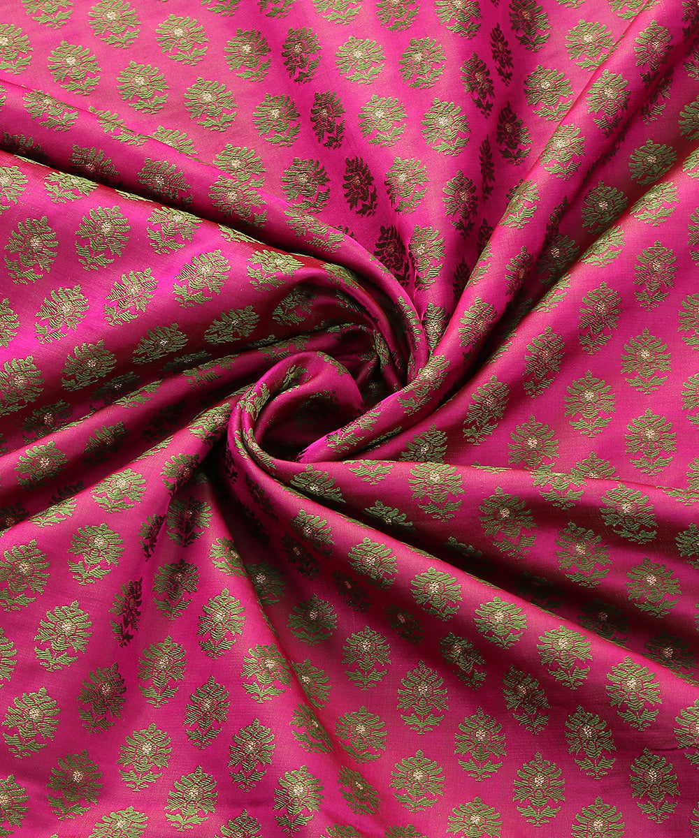Handloom Pink And Green Dual Tone Pure Katan Silk Zari Booti Banarasi Fabric