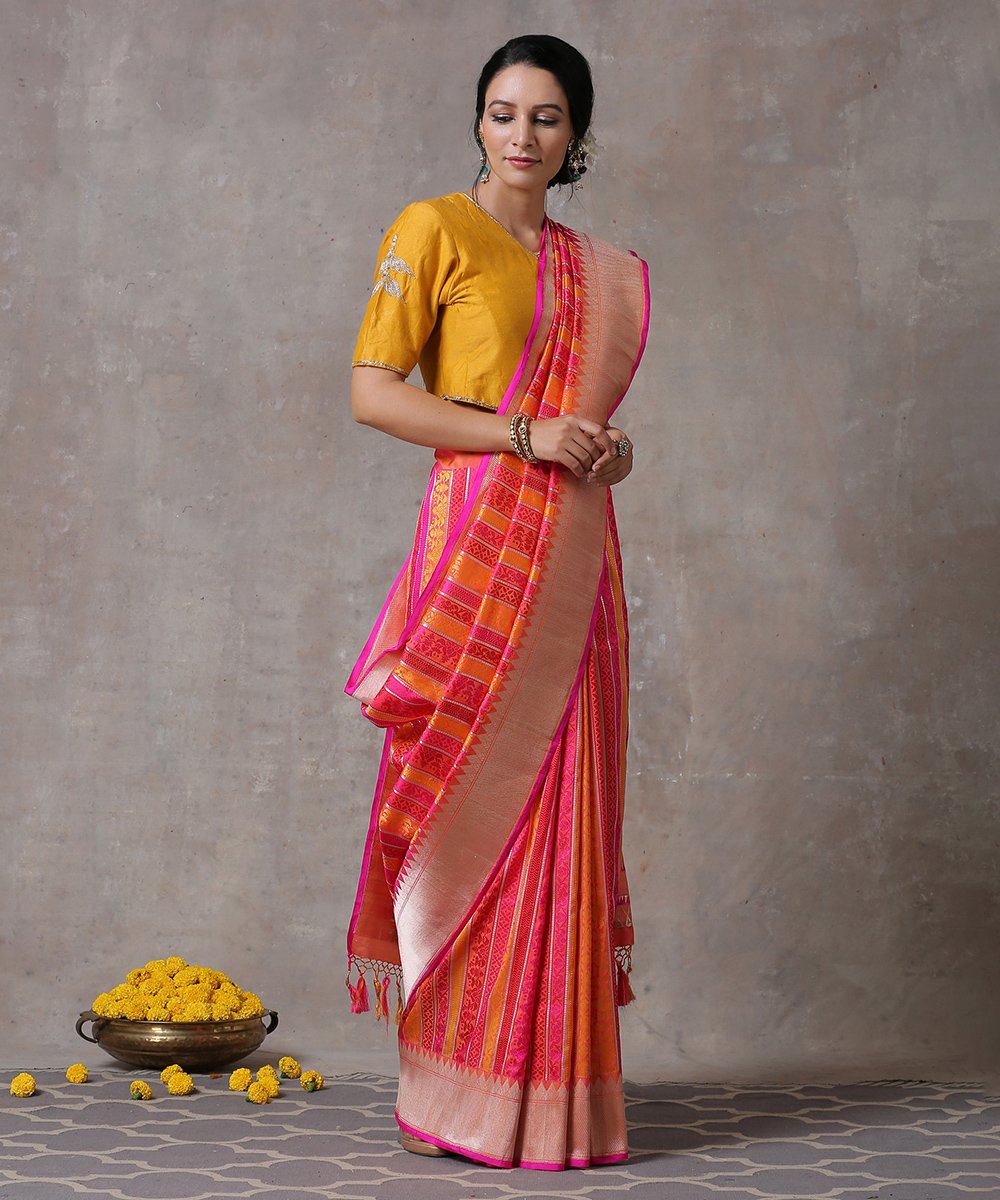 Handloom_Pink_and_Orange_Dual_Tone_Pure_Katan_Silk_Banarasi_Saree_with_Aada_Jaal_WeaverStory_02