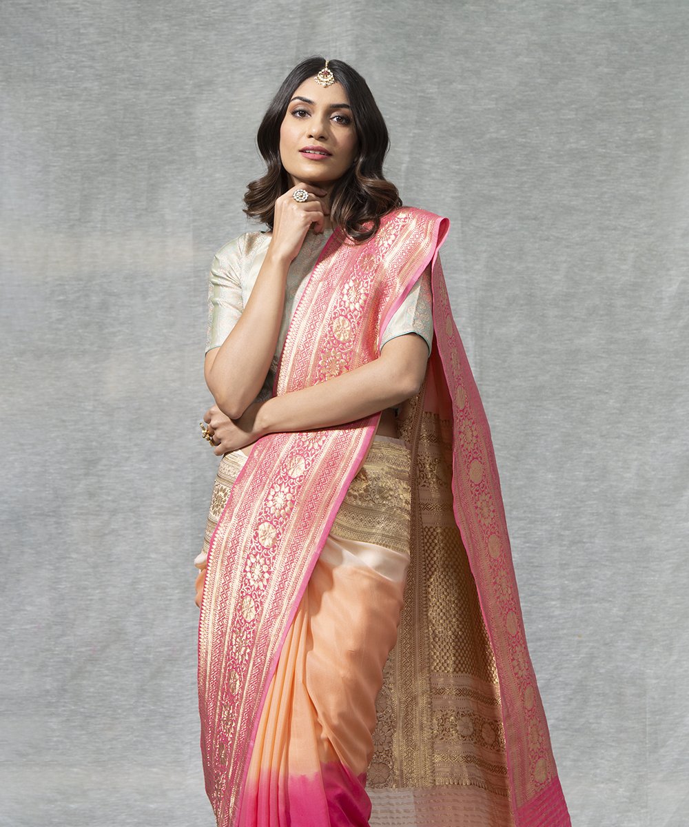 Handloom_Pink_and_Peach_Dual_Tone_Georgette_Banarasi_Saree_With_Kadhwa_Border_WeaverStory_01