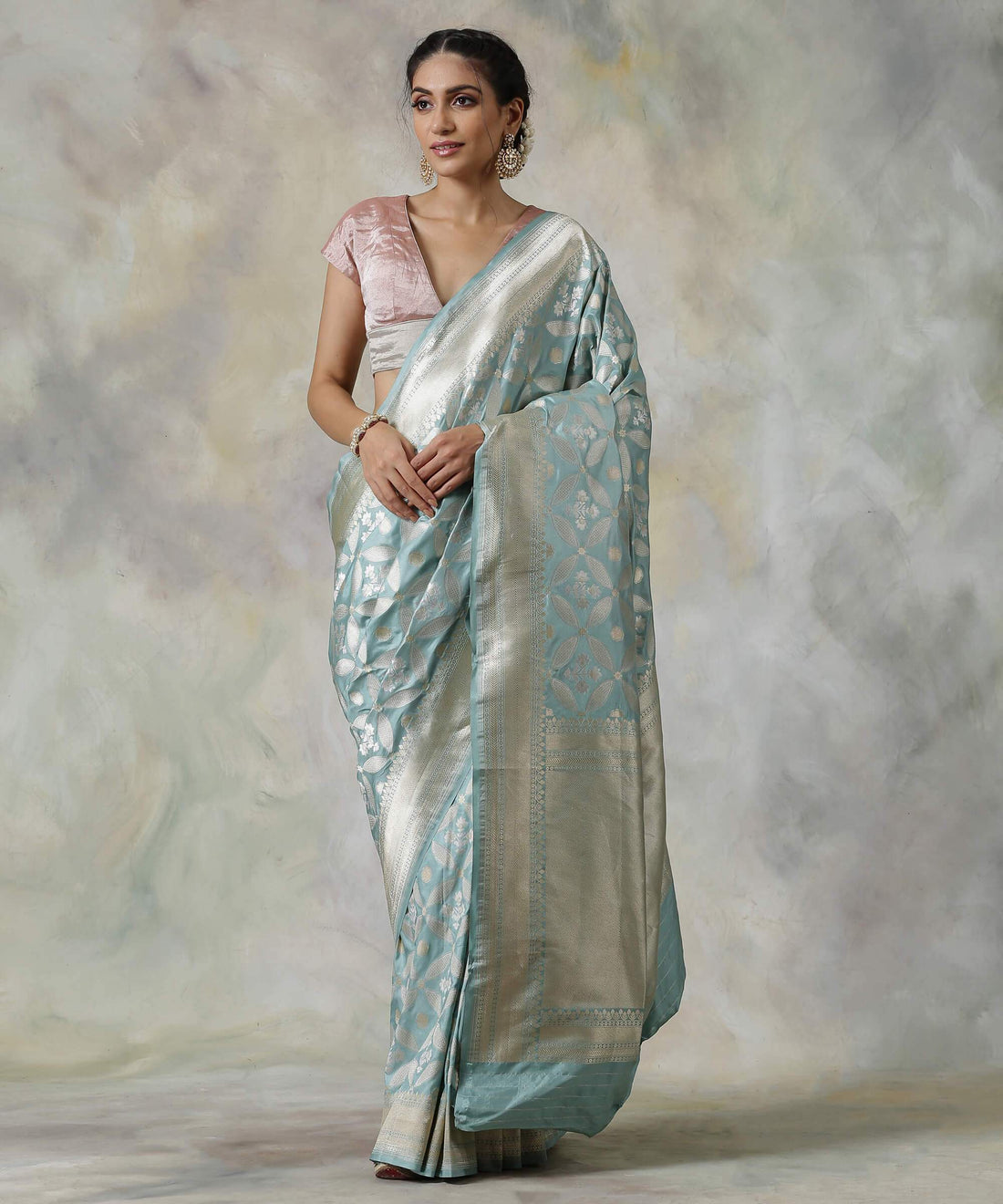 Handloom_Powder_Blue_Gold_and_Silver_Zari_Pure_Katan_Silk_Banarasi_Saree_WeaverStory_02