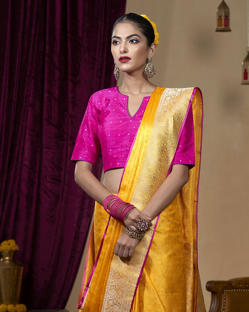 Handloom_Pure_Katan_Silk_Yellow_Tanchoi_Banarasi_Saree_With_Zari_Floral_Border_WeaverStory_01