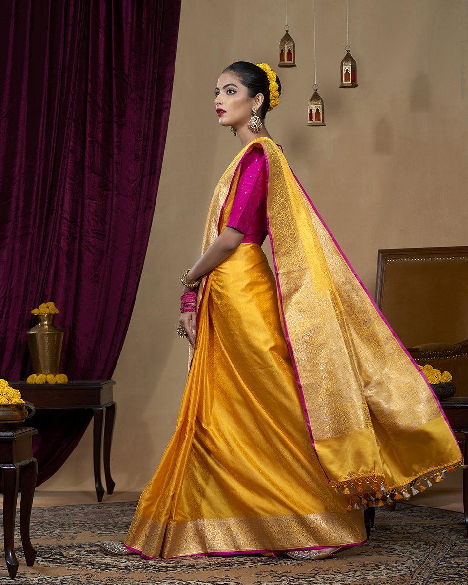 Handloom_Pure_Katan_Silk_Yellow_Tanchoi_Banarasi_Saree_With_Zari_Floral_Border_WeaverStory_02