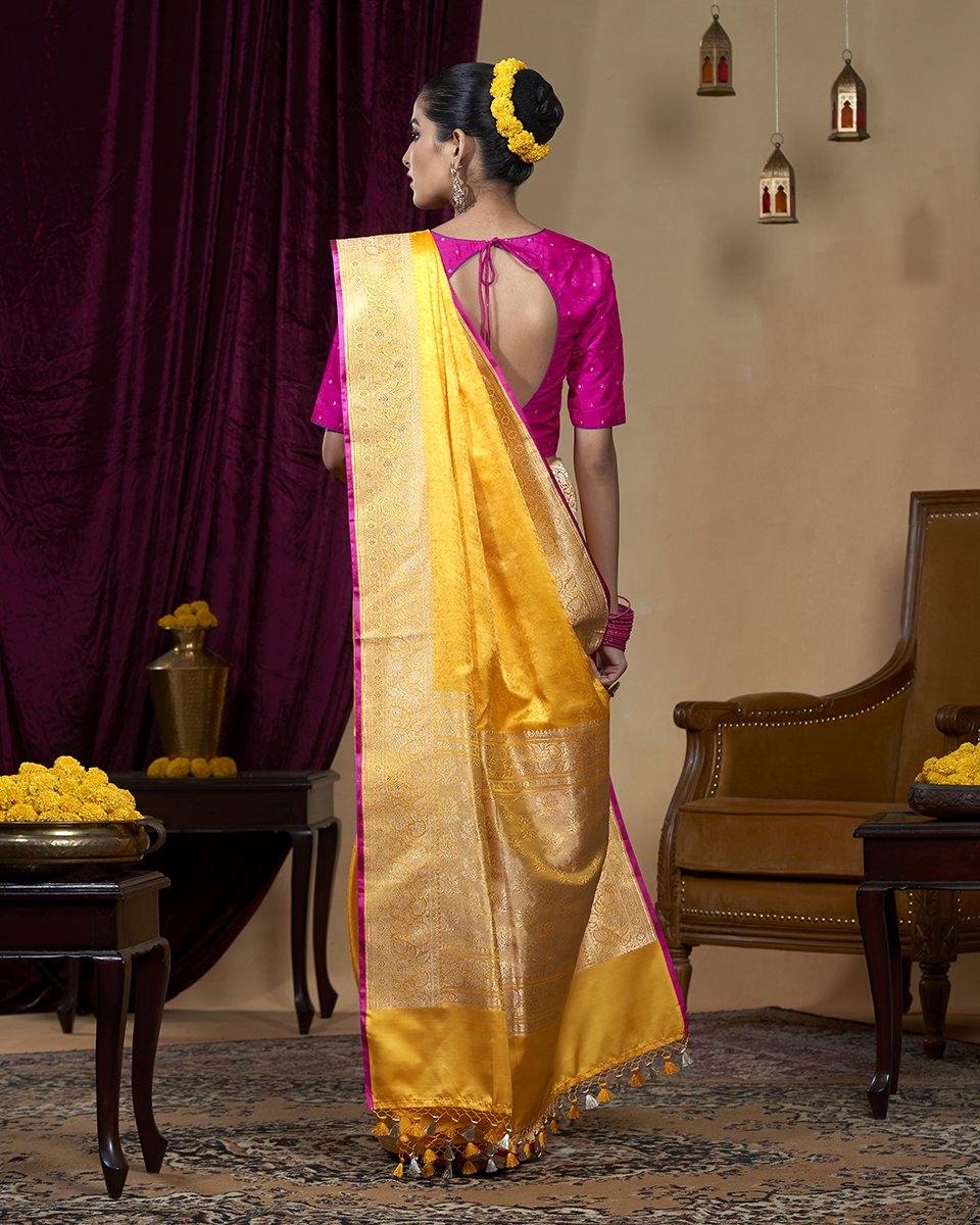 Handloom_Pure_Katan_Silk_Yellow_Tanchoi_Banarasi_Saree_With_Zari_Floral_Border_WeaverStory_03