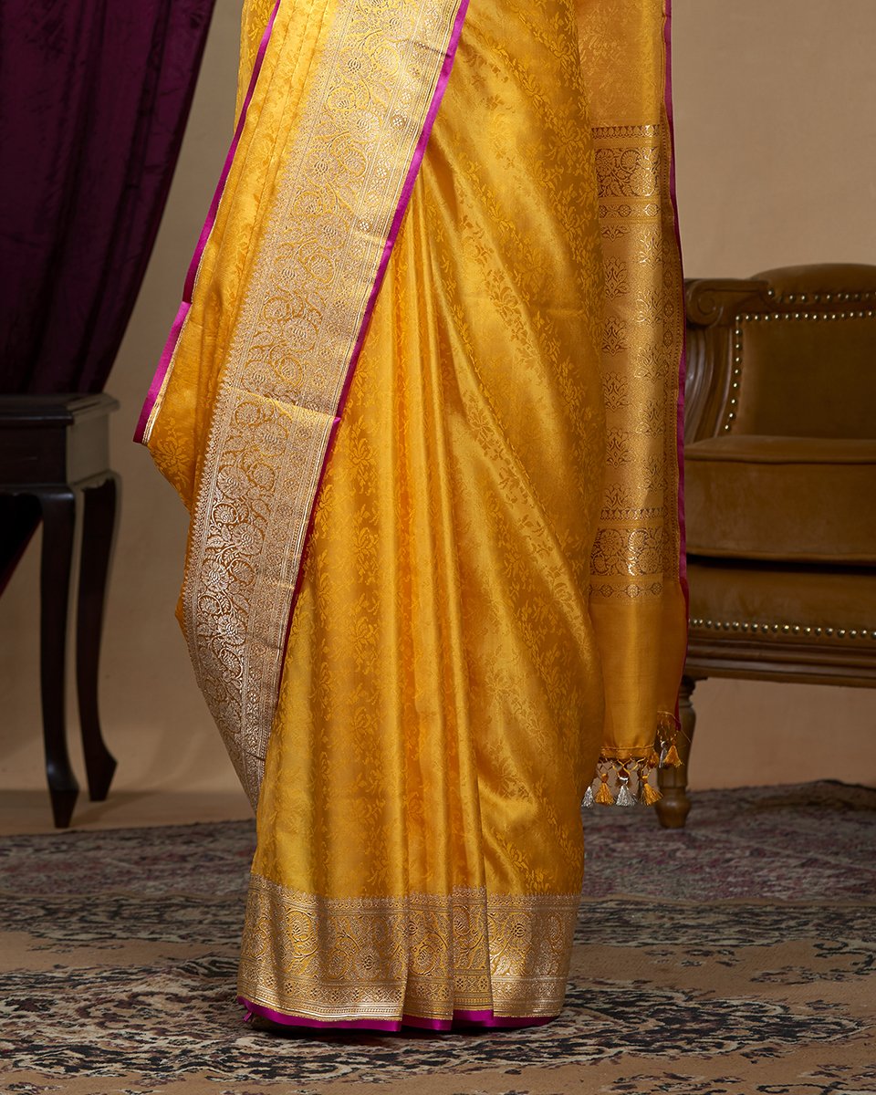 Handloom_Pure_Katan_Silk_Yellow_Tanchoi_Banarasi_Saree_With_Zari_Floral_Border_WeaverStory_04