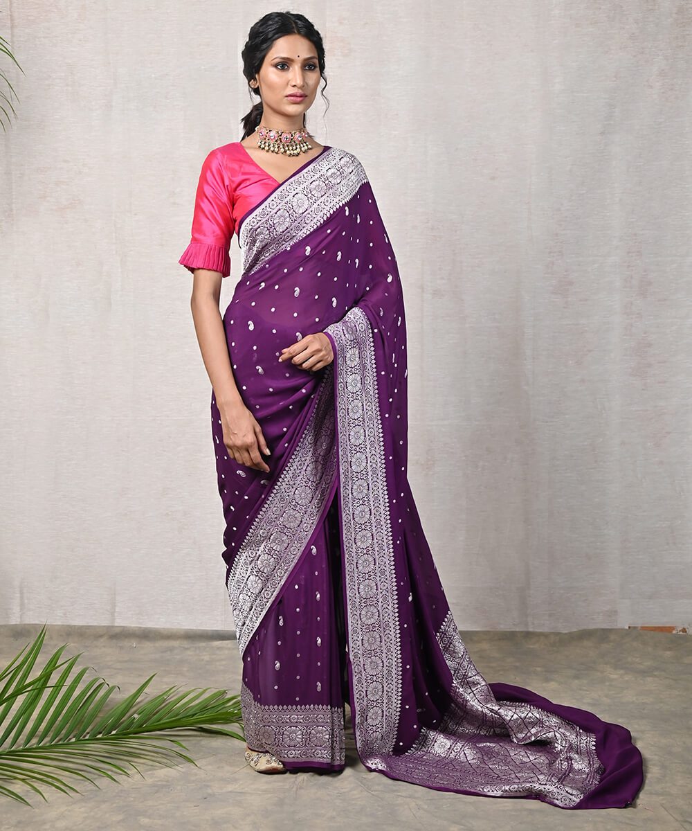 Handloom_Purple_Banarasi_Georgette_Saree_with_Silver_Zari_Work_WeaverStory_02