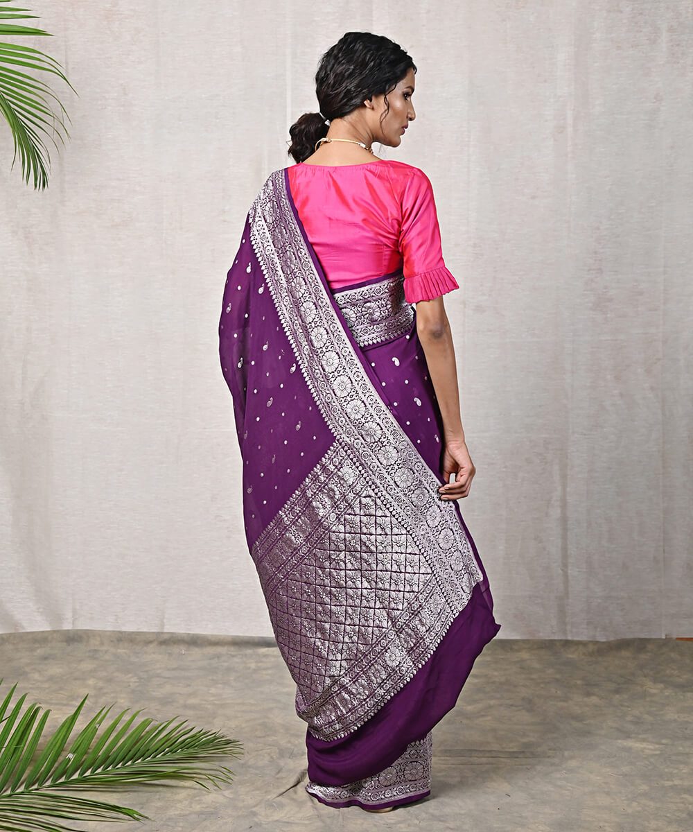 Handloom_Purple_Banarasi_Georgette_Saree_with_Silver_Zari_Work_WeaverStory_03