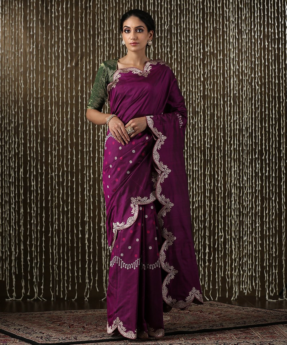 Handloom_Purple_Banarasi_Katan_Silk_Saree_with_Scallop_Border_and_Green_Blouse_WeaverStory_02