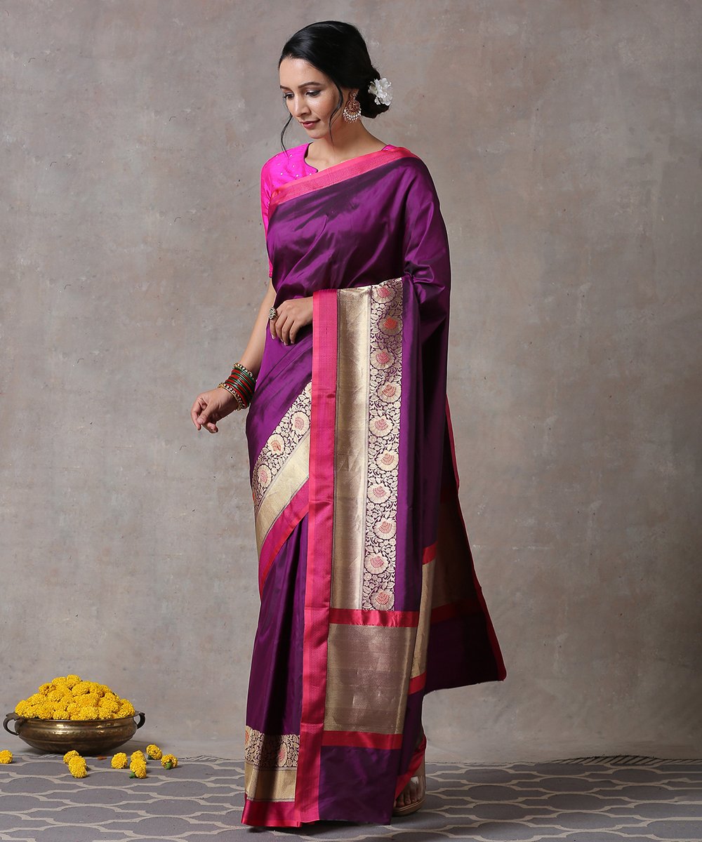 Handloom_Purple_Pure_Katan_Silk_Plain_Banarasi_Saree_With_Pink_Floral_Border_WeaverStory_02