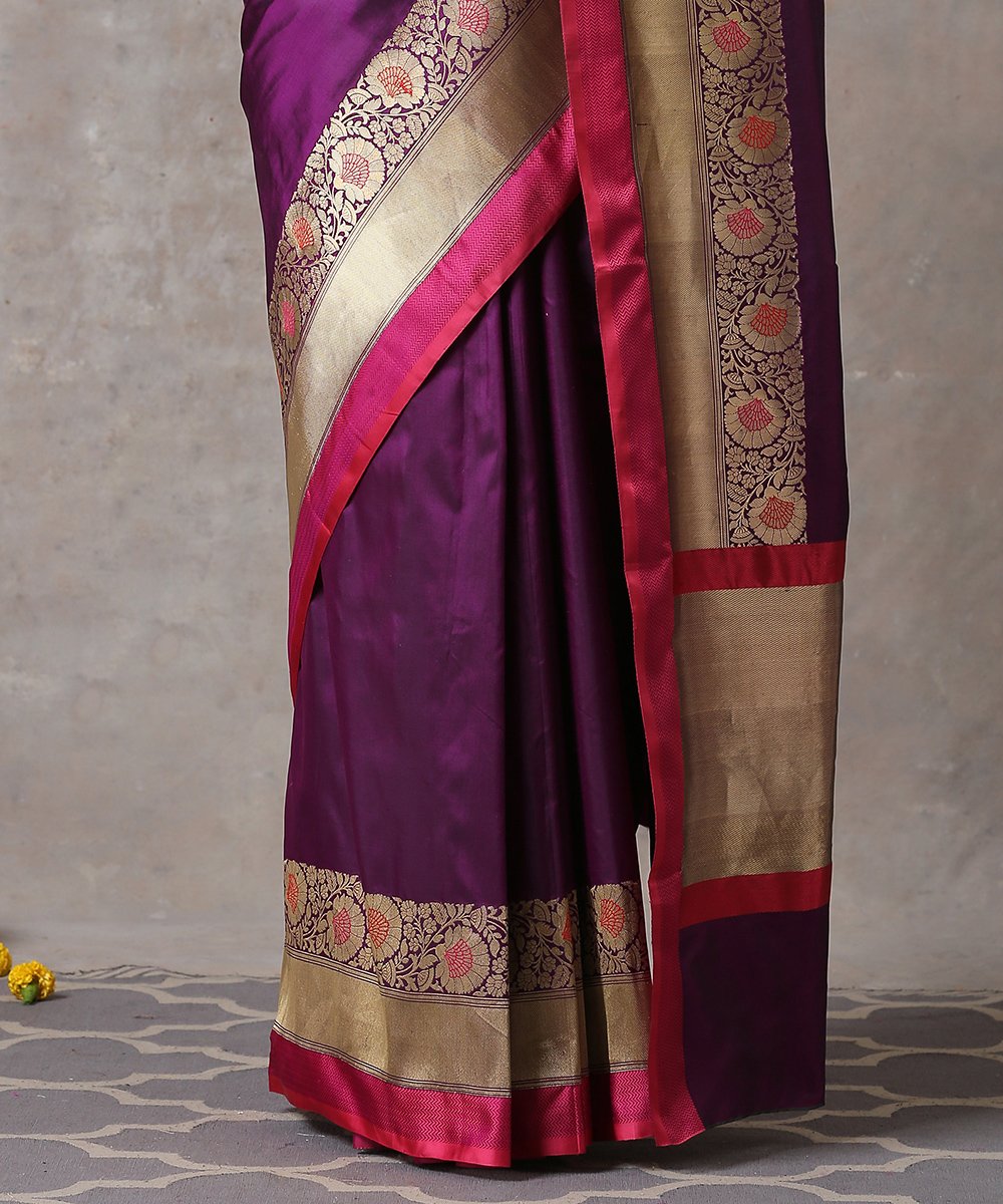 Handloom_Purple_Pure_Katan_Silk_Plain_Banarasi_Saree_With_Pink_Floral_Border_WeaverStory_04