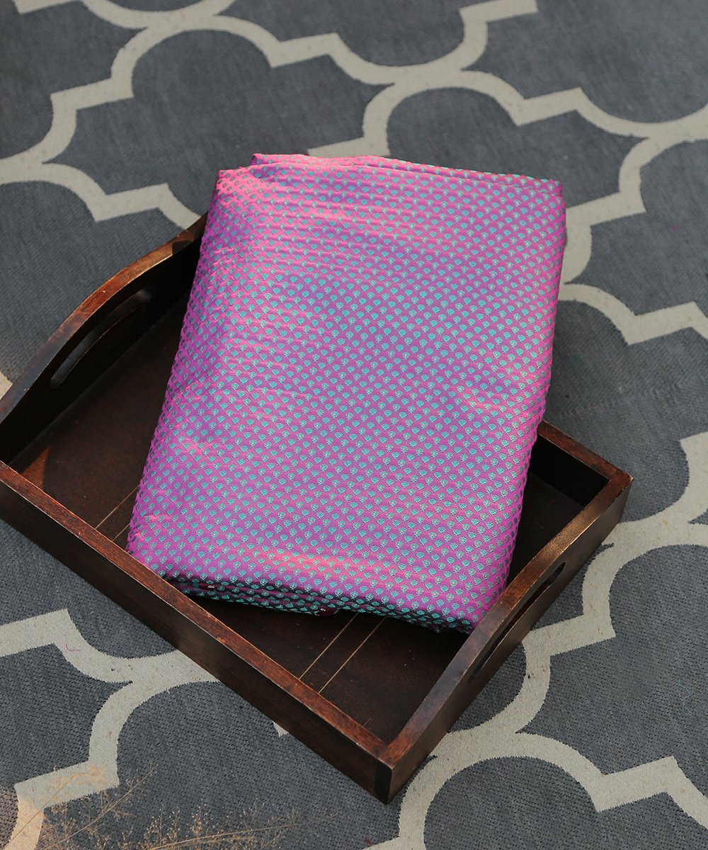 Handloom_Purple_and_Teal_Green_Dual_Tone_Pure_Karan_Silk_Banarasi_Fabric_with_Small_Zari_Booti_WeaverStory_01