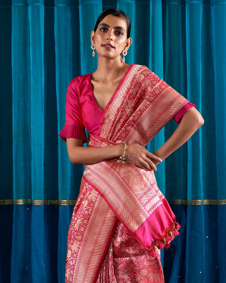 Handloom_Rani_Pink_Kimkhab_Shikargah_Saree_WeaverStory_01