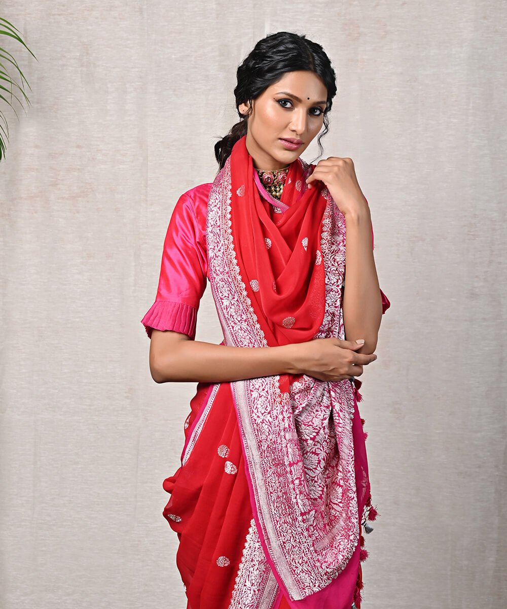 Handloom_Red_Banarasi_Georgette_Saree_with_Silver_Zari_and_Pink_Border_WeaverStory_01