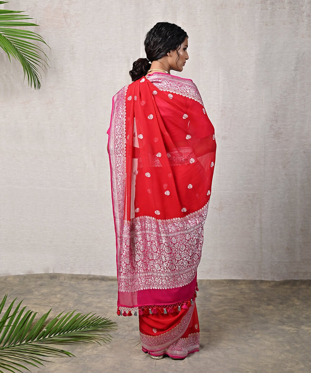 Handloom_Red_Banarasi_Georgette_Saree_with_Silver_Zari_and_Pink_Border_WeaverStory_03