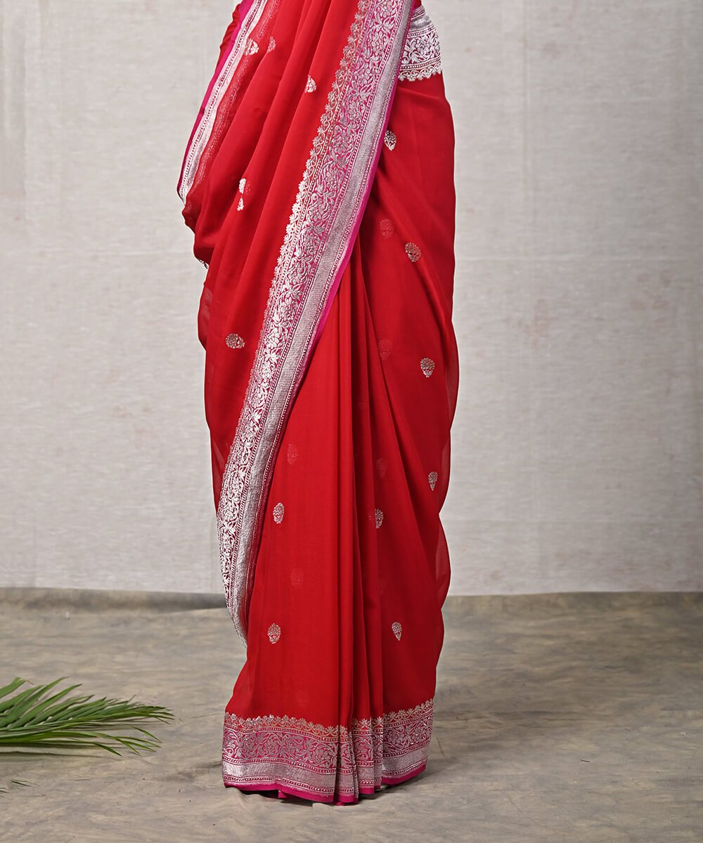 Handloom_Red_Banarasi_Georgette_Saree_with_Silver_Zari_and_Pink_Border_WeaverStory_04
