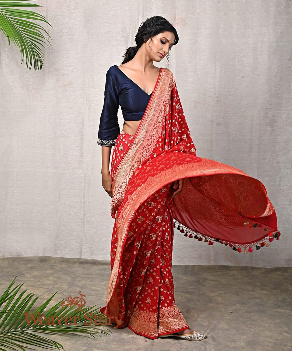 Handloom_Red_Banarasi_Georgette_Saree_with_Green_Meenakari_Design_WeaverStory_02
