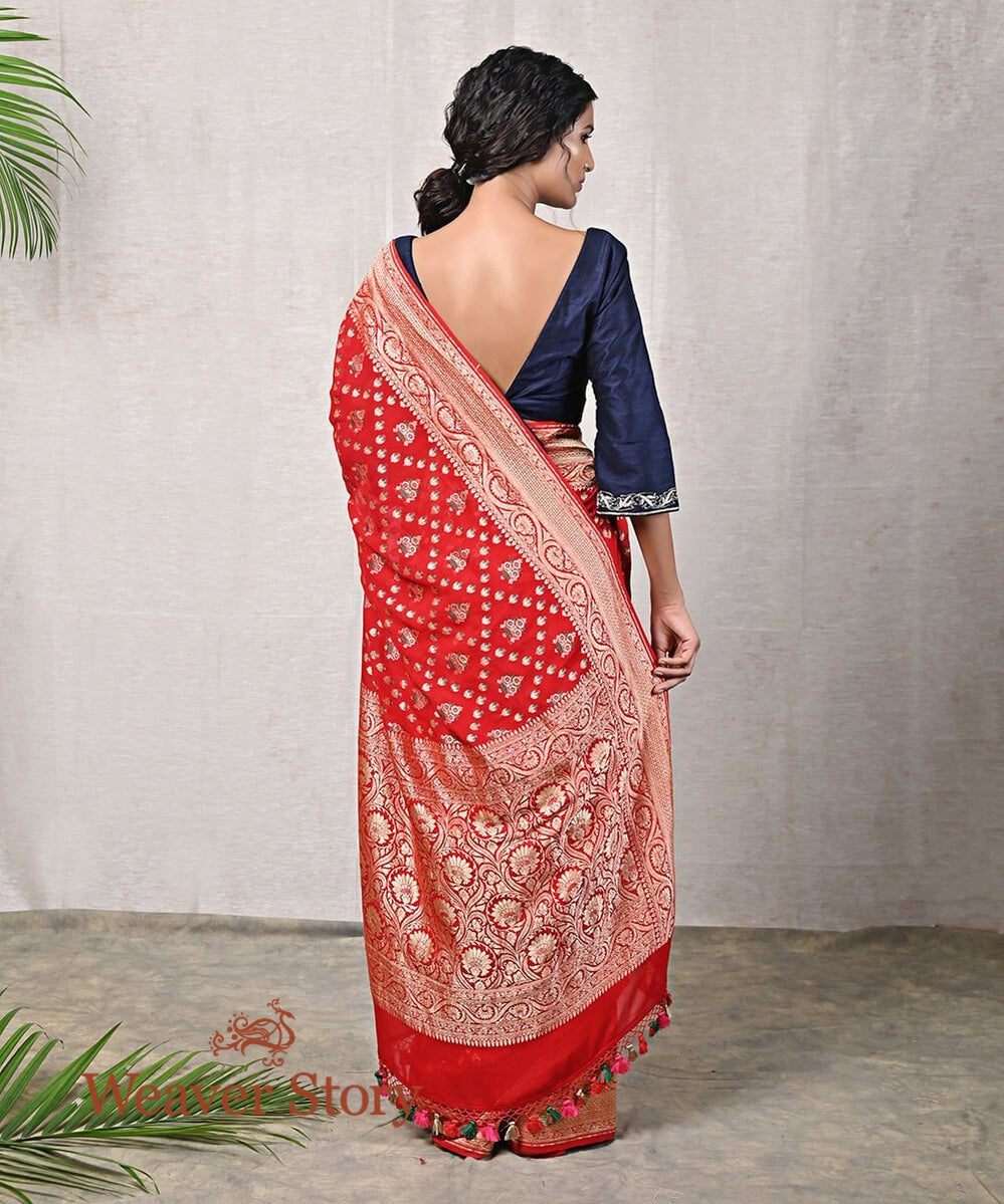 Handloom_Red_Banarasi_Georgette_Saree_with_Green_Meenakari_Design_WeaverStory_03