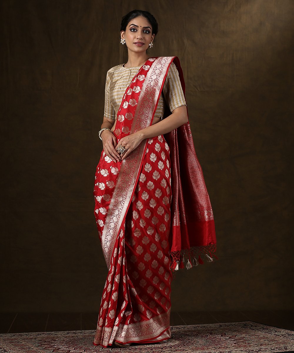 Handloom_Red_Cutwork_Katan_Silk_Banarasi_Saree_with_Bootis_and_Heavy_Brocade_Blouse_WeaverStory_02