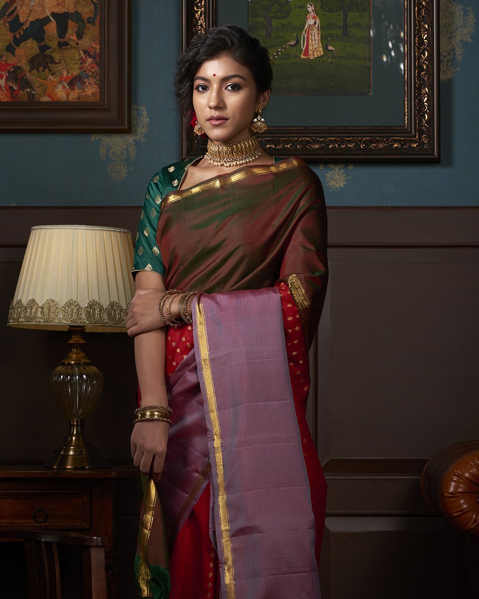 Red_Kanjivaram_Handloom_Silk_Saree_with_Green_and_Purple_Border_WeaverStory_01