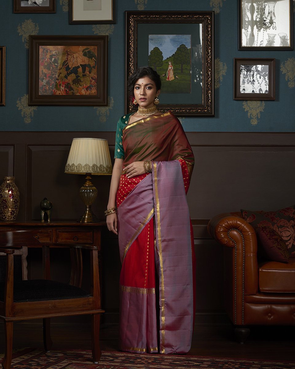 Red_Kanjivaram_Handloom_Silk_Saree_with_Green_and_Purple_Border_WeaverStory_02