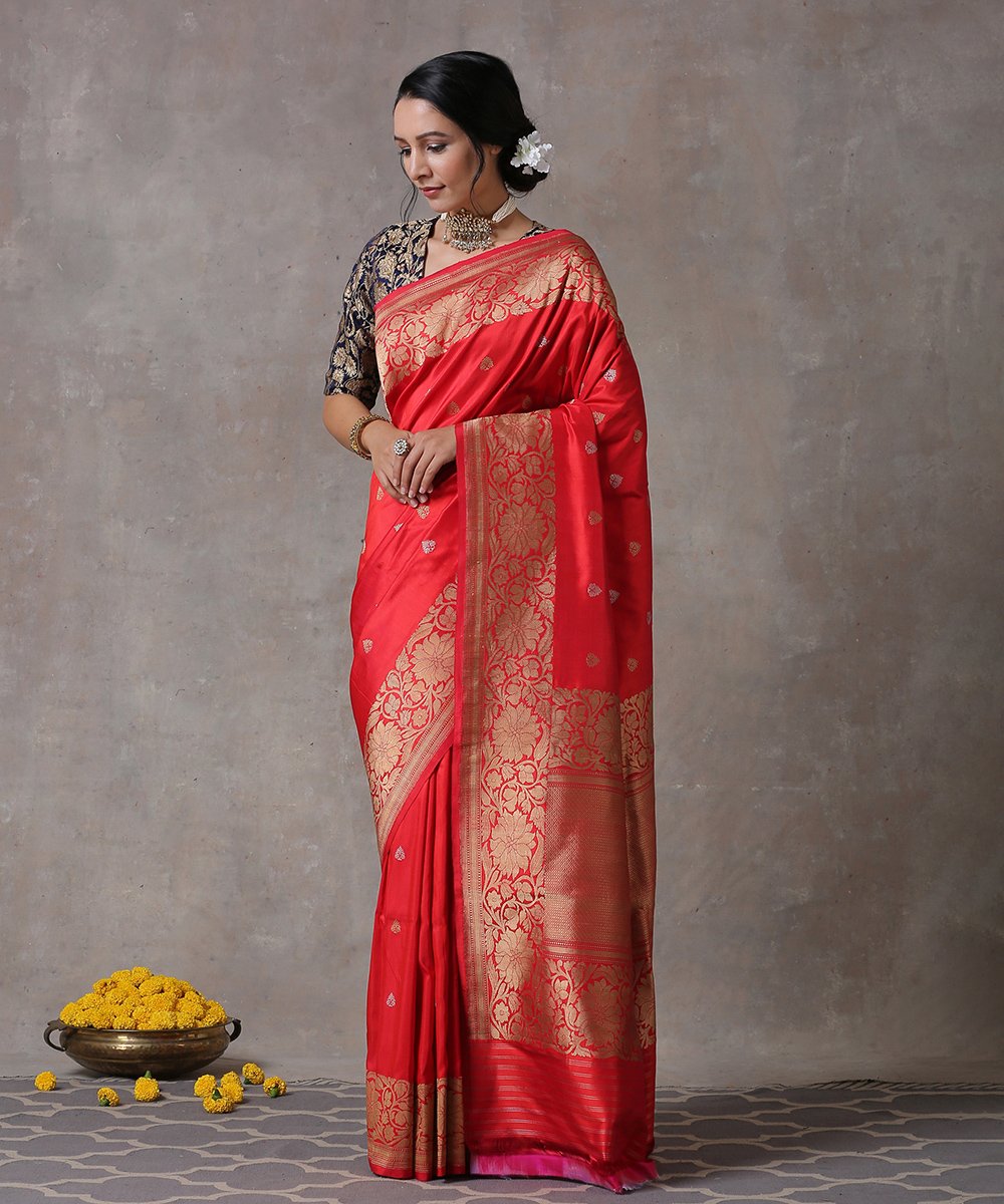 Handloom_Red_Katan_Silk_Banarasi_Saree_With_Gold_and_Silver_Boota_WeaverStory_02
